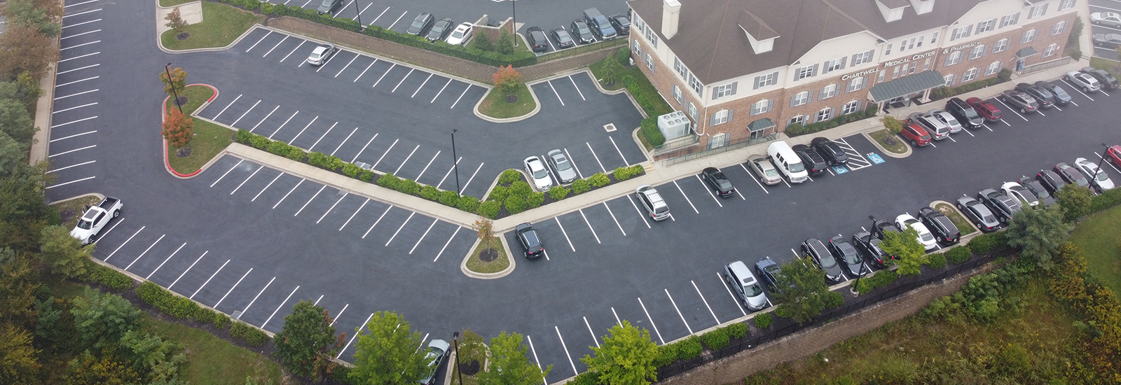 An aerial view of a parking lot